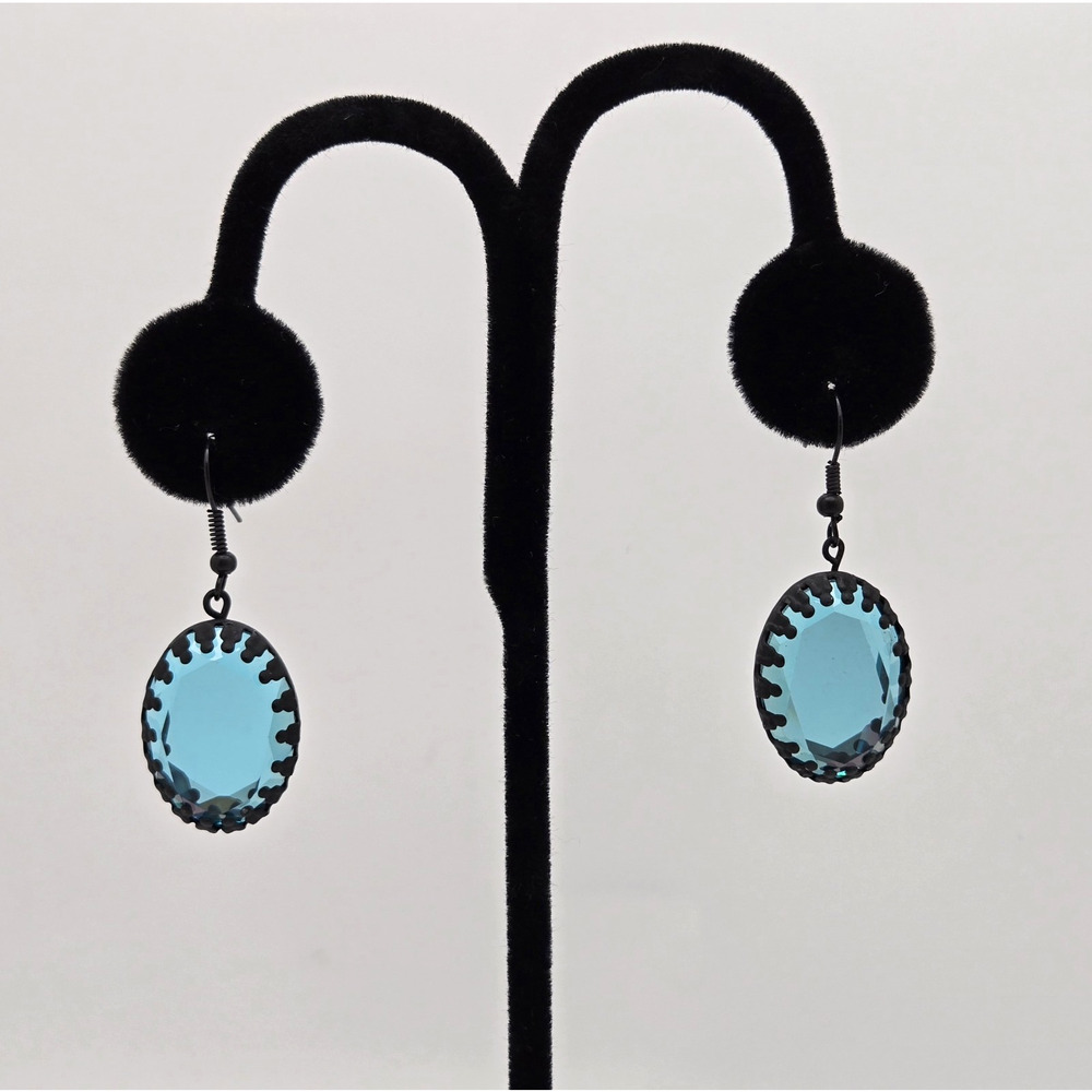 Rhinestone Earrings Large Blue Oval Faceted Stones Cocktail Statement Maximalist